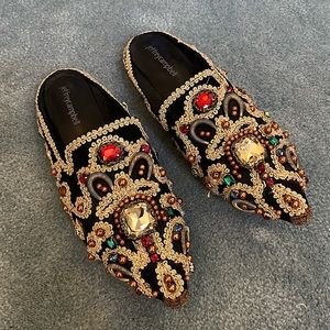 Jeffrey Campbell Bejeweled Embroidered Slip On Slides Black